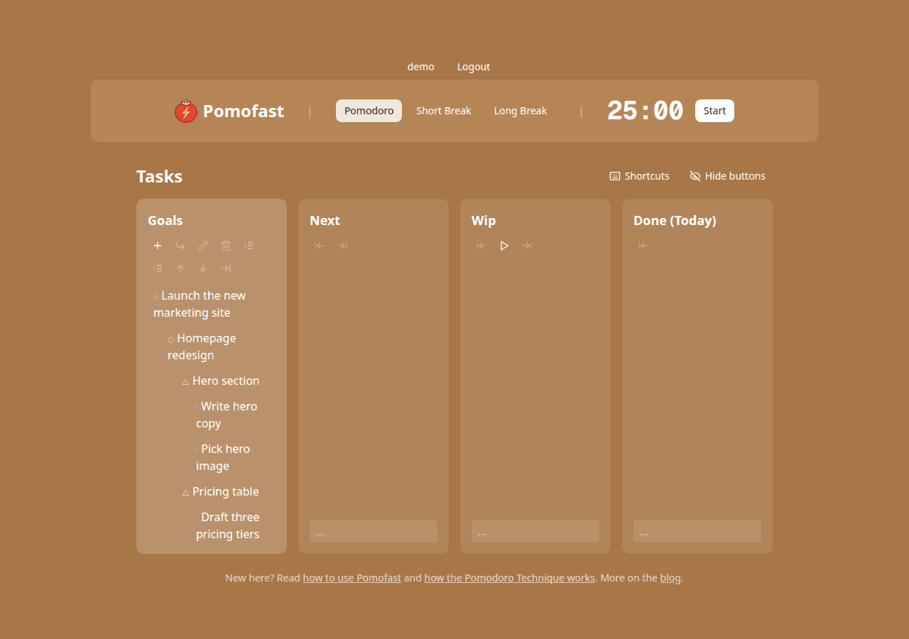 Pomofast on first open: the timer header with a 25:00 Pomodoro and an empty task board with Goals, Next, Wip and Done columns