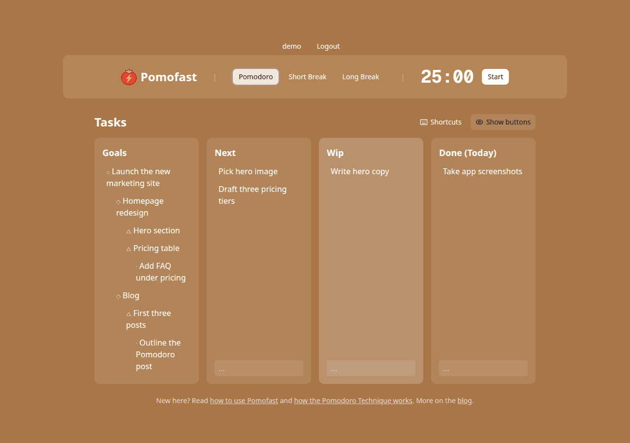 Pomofast with the action buttons hidden for keyboard-only use